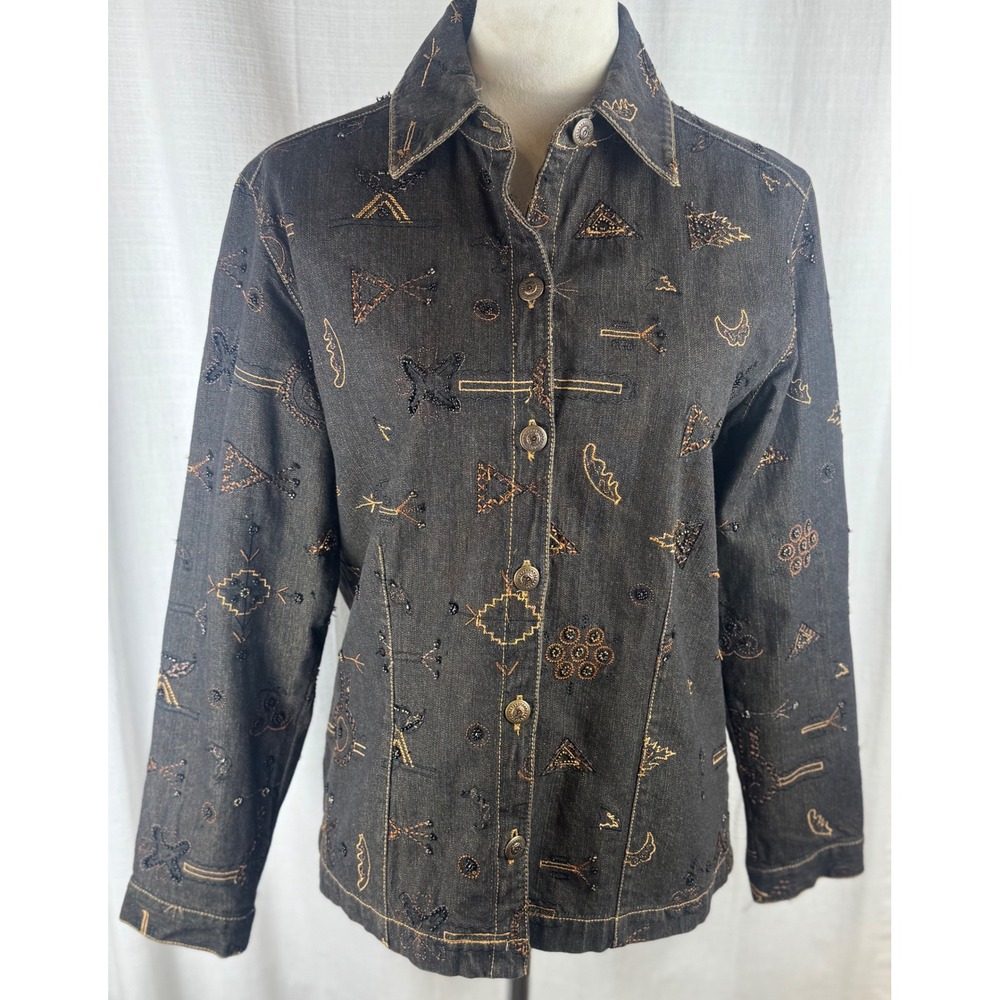 Chico's Anniversary Collection Embroidered Silk Lined Denim Jacket Black Women 1